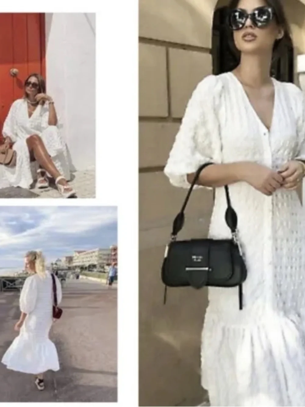 ZARA White Textured Balloon Puff Sleeve Button Down Midi Dress Large
